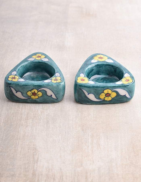 Blue Pottery T-Light Holder Set Of 2 Pcs.